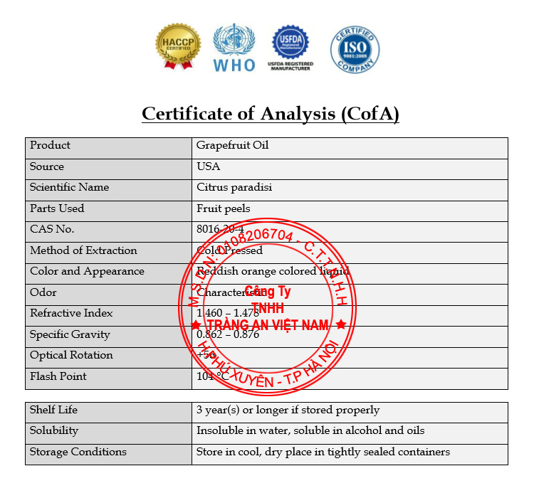 COA Phân Tích Sản Phẩm Tinh Dầu Bưởi COA Phân Tích Sản Phẩm Tinh Dầu Bưởi