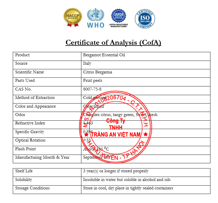 COA Phân Tích Sản Phẩm Tinh Dầu Cam Hương COA Phân Tích Sản Phẩm Tinh Dầu Cam Hương