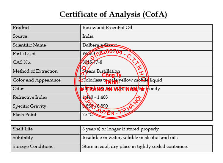 COA Phân Tích Sản Phẩm Tinh Dầu Gỗ Hồng Mộc COA Phân Tích Sản Phẩm Tinh Dầu Gỗ Hồng Mộc