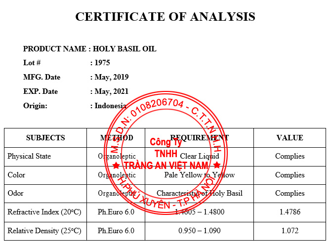 COA Phân Tích Sản Phẩm Tinh Dầu Hương Nhu COA Phân Tích Sản Phẩm Tinh Dầu Hương Nhu