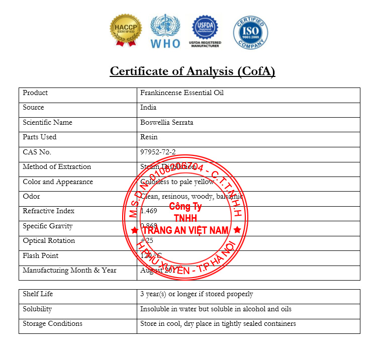 COA Phân Tích Sản Phẩm Tinh Dầu Hương Trầm (Nhũ Hương) COA Phân Tích Sản Phẩm Tinh Dầu Hương Trầm (Nhũ Hương)