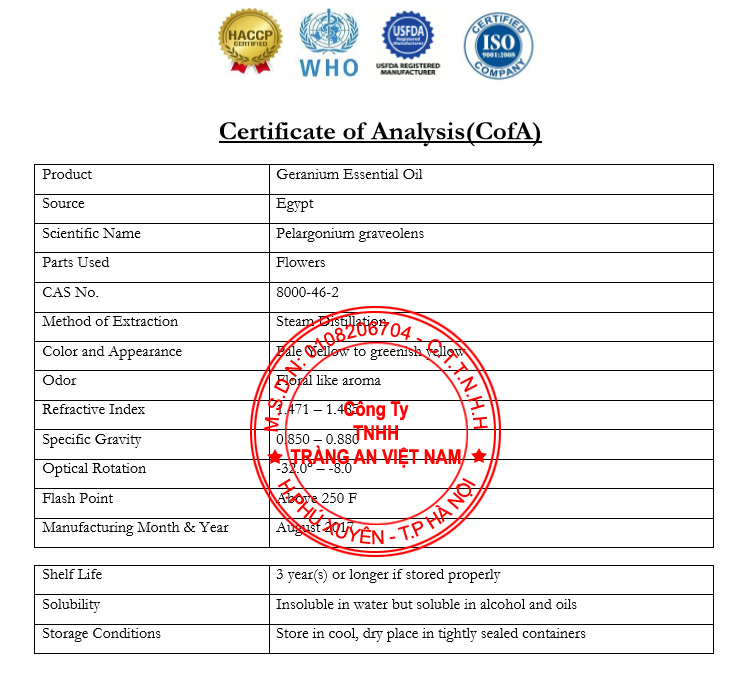 COA Phân Tích Sản Phẩm Tinh Dầu Phong Lữ COA Phân Tích Sản Phẩm Tinh Dầu Phong Lữ